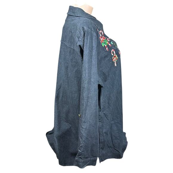 Quacker Factory Denim Roll Tab Sleeve Embroidered Candy Cane Shirt Shacket 2X - Picture 6 of 12